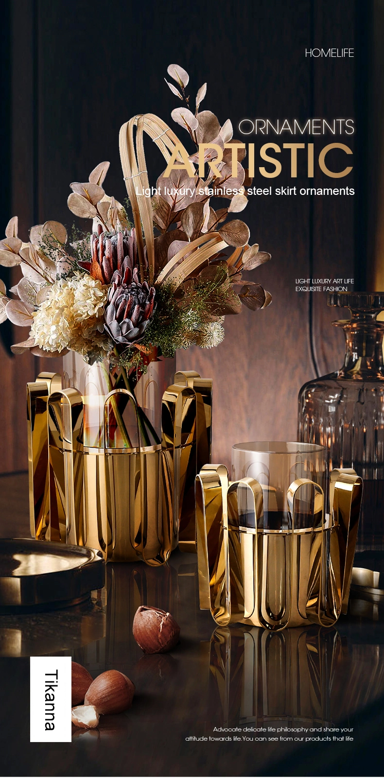 Light Luxury Skirt Accessories Home Decorative Stainless Steel Tray Gold Flower Pot Metal Edge Vase